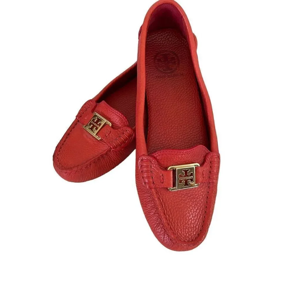 NWOB Tory Burch Kendrick Tumble Leather Orange Flats Loafers W/dustbag Women’s 8
